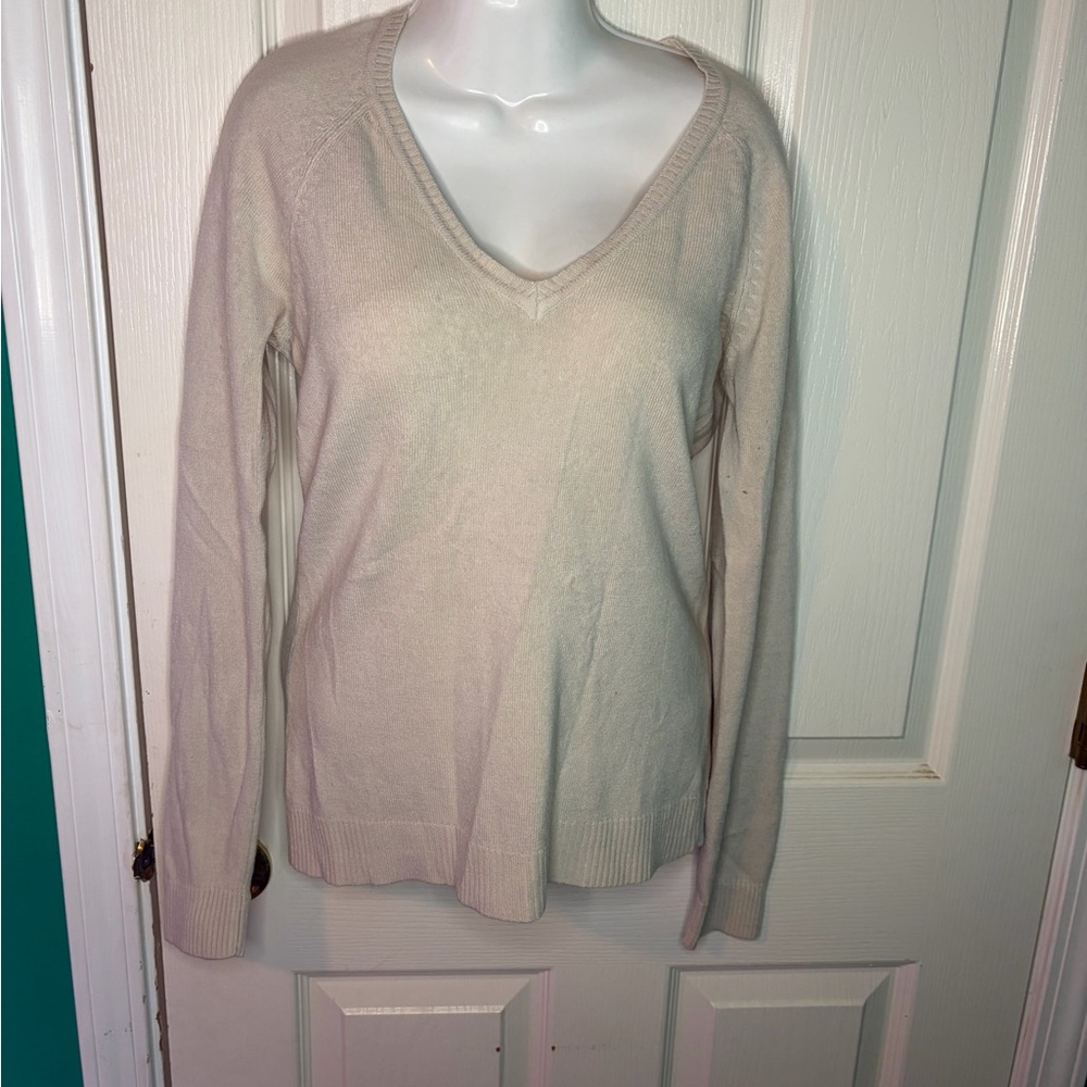 LOB Beige Knit Pullover Sweater V-Neck Long Sleeve Tight-Knit Size 2